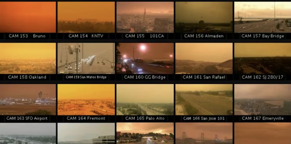 NBC Bay Area camera wall showing orange skies across the region