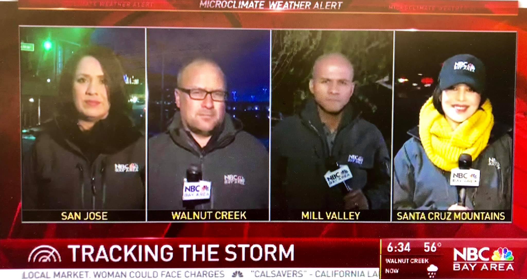 Four NBC Bay Area reporters tracking a storm from San Jose, Walnut Creek, Mill Valley and the Santa Cruz Mountains