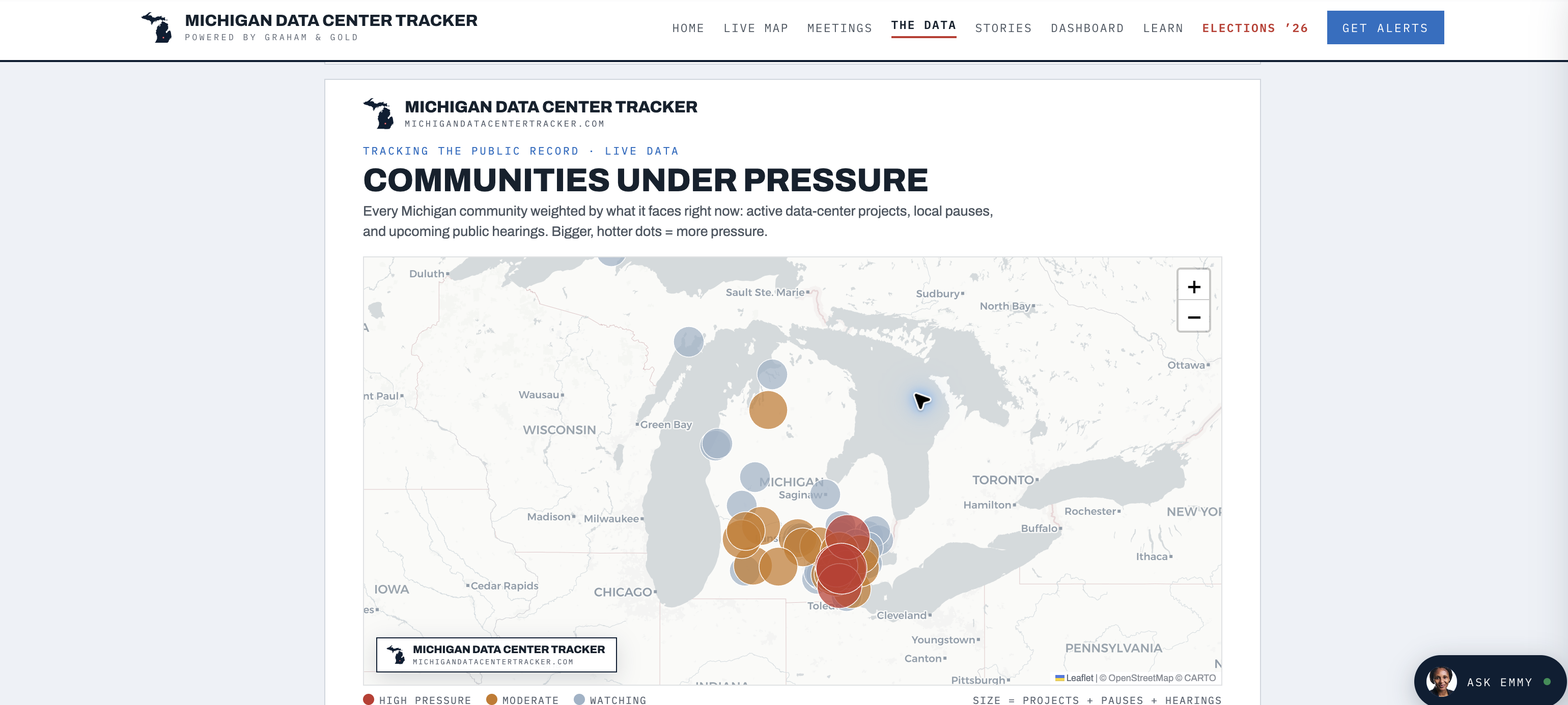 Communities Under Pressure map weighting Michigan communities by projects, pauses and hearings