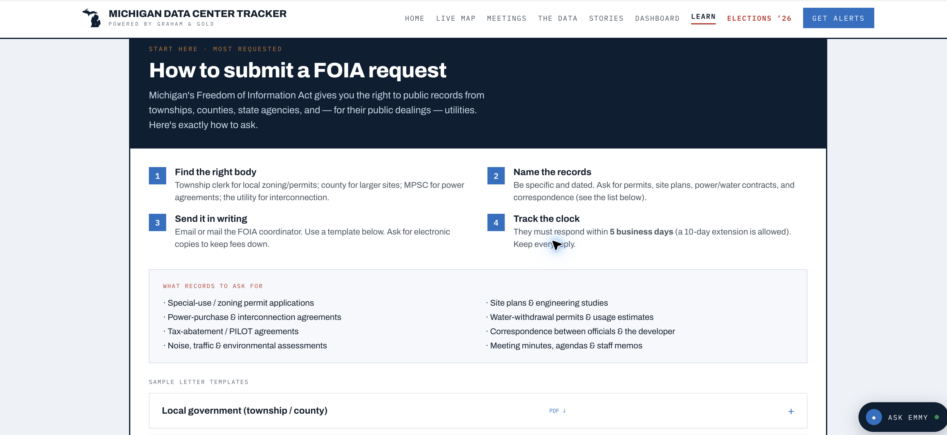 The tracker’s public guide explaining how Michigan residents can submit a FOIA request