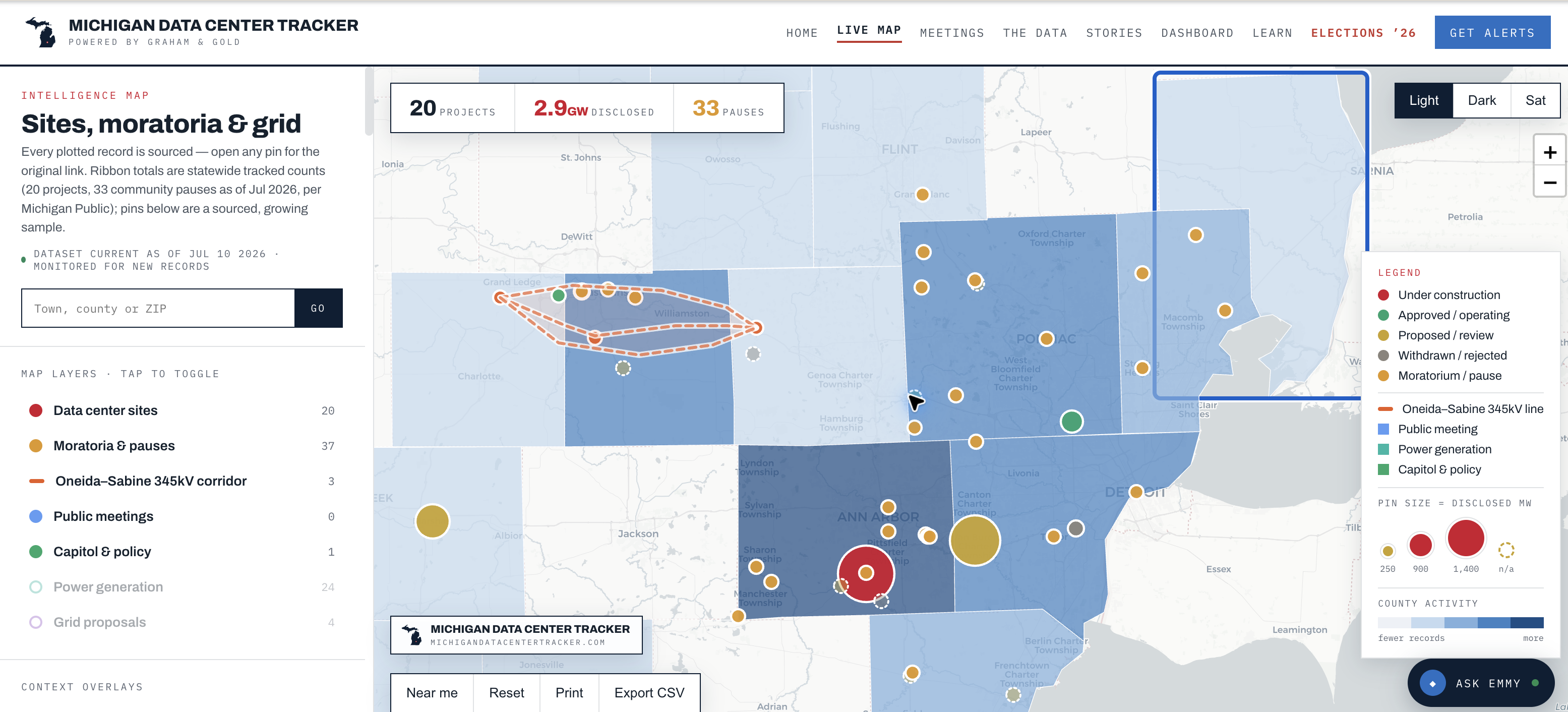 Detailed southeastern Michigan tracker map with project, pause, transmission and county layers