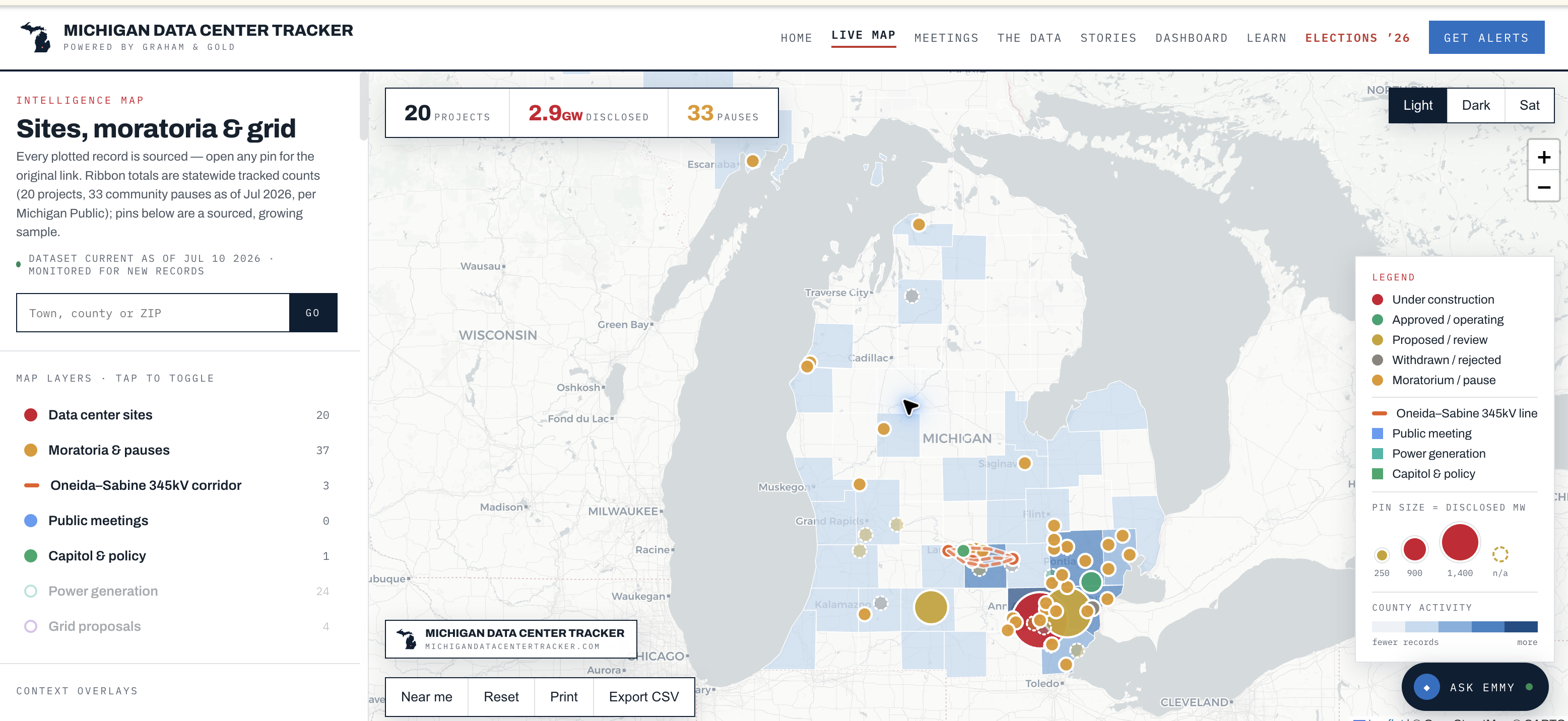 The authentic Michigan Data Center Tracker interactive map