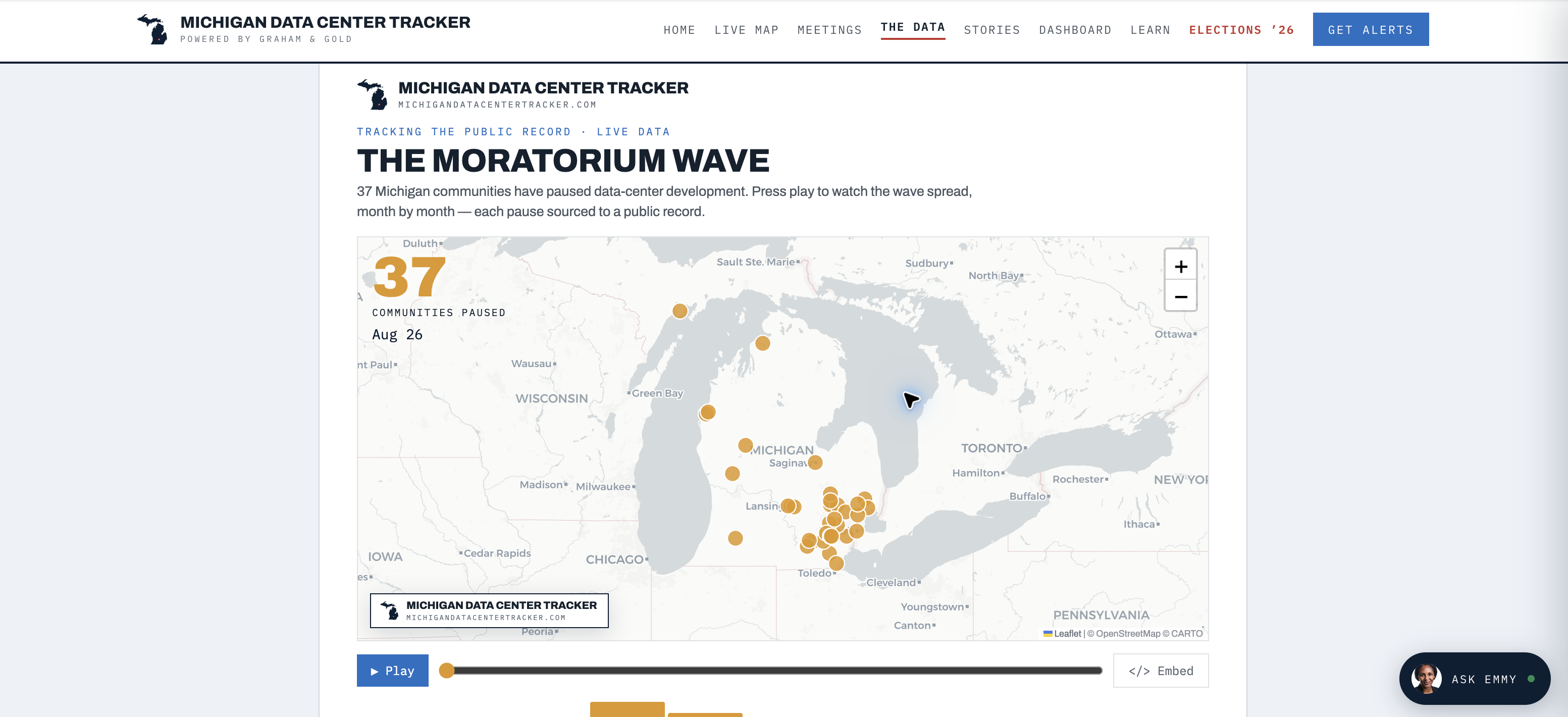 The Moratorium Wave interactive map showing Michigan communities that paused data-center development