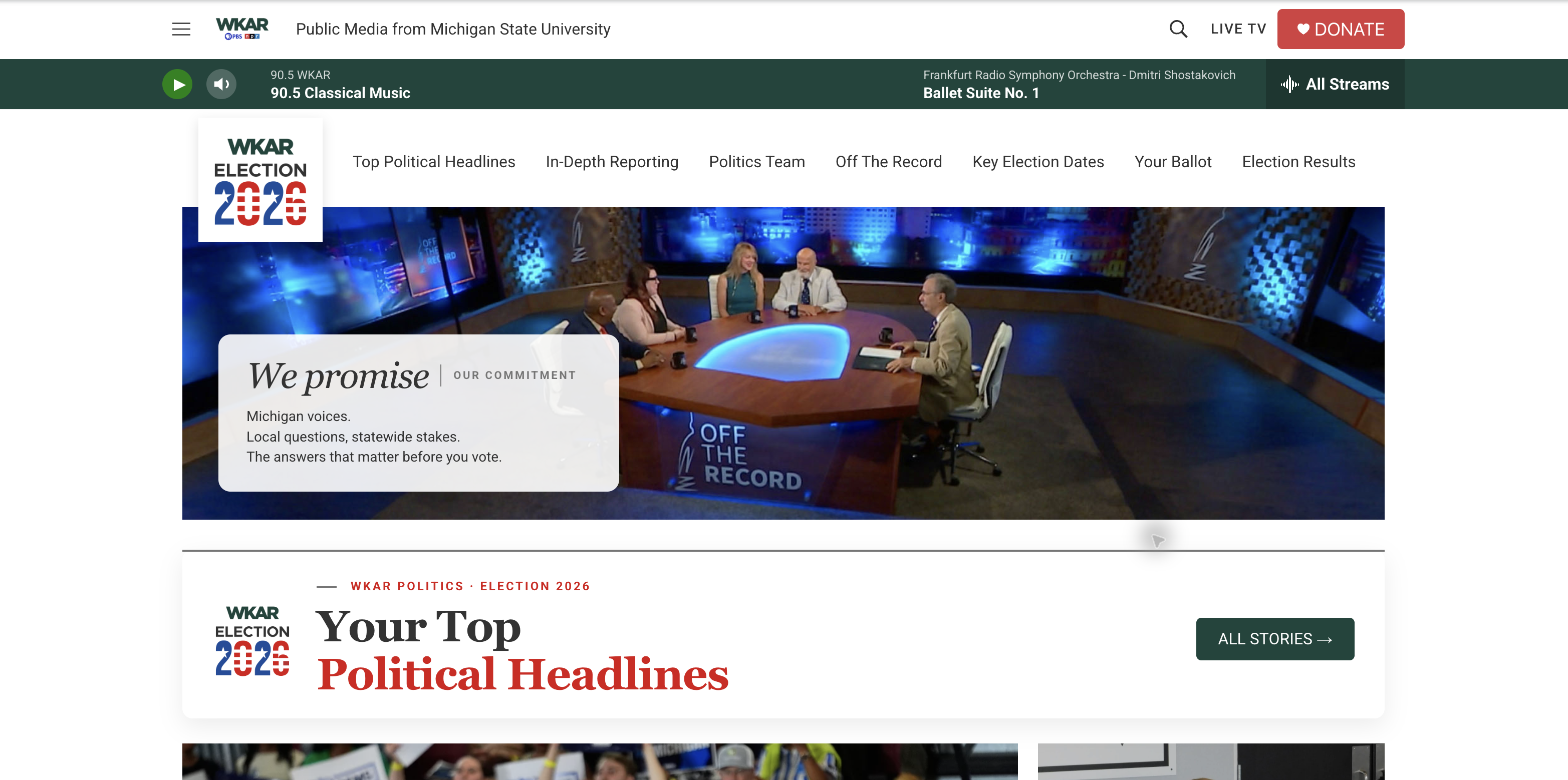 The live WKAR Election 2026 destination with the brand, editorial promise, navigation and Off the Record team