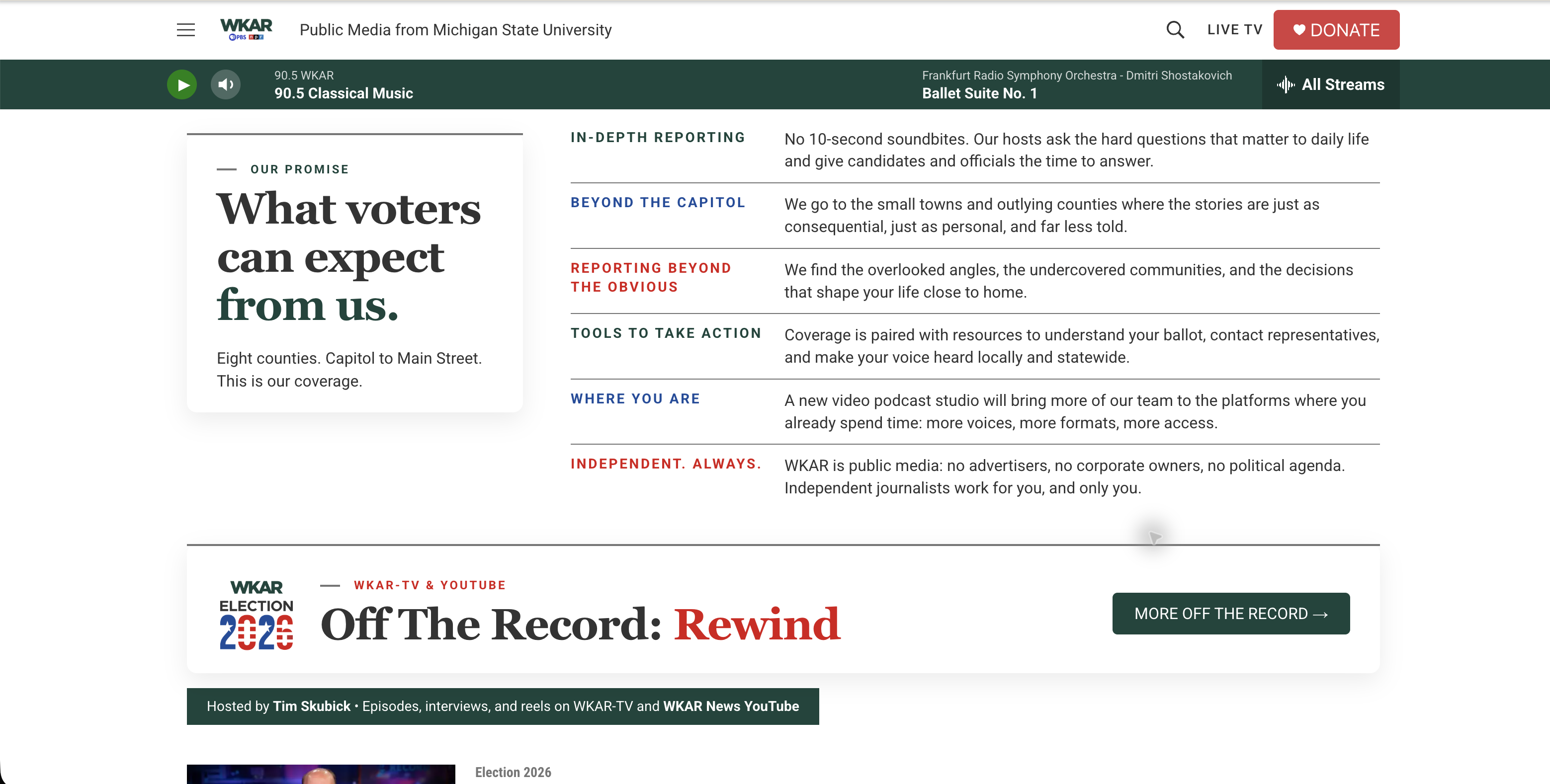 The published Election 2026 promise and Off the Record Rewind section