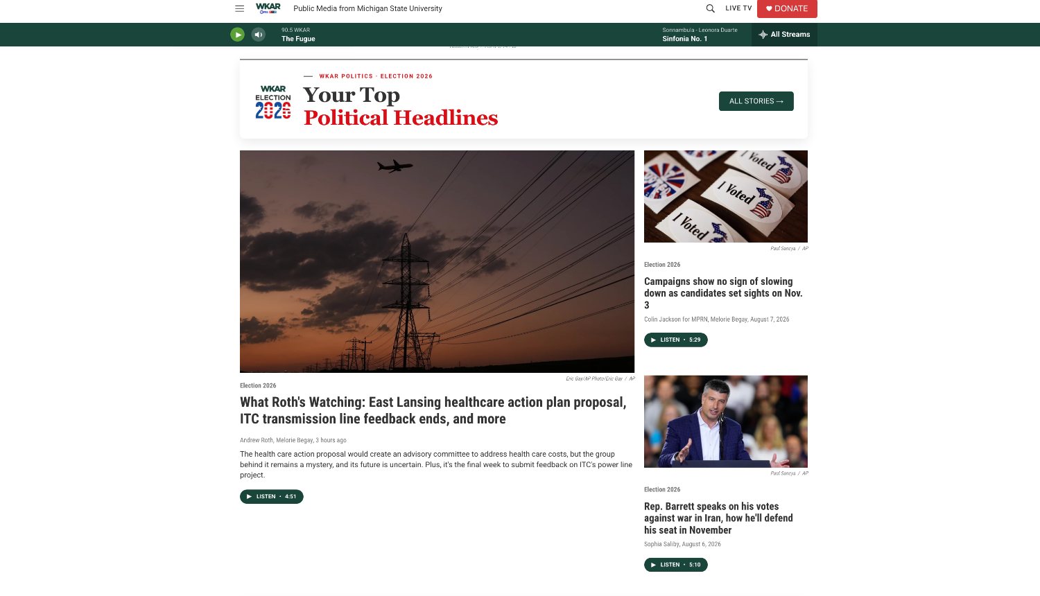 Top political headlines section with bylines and listen times