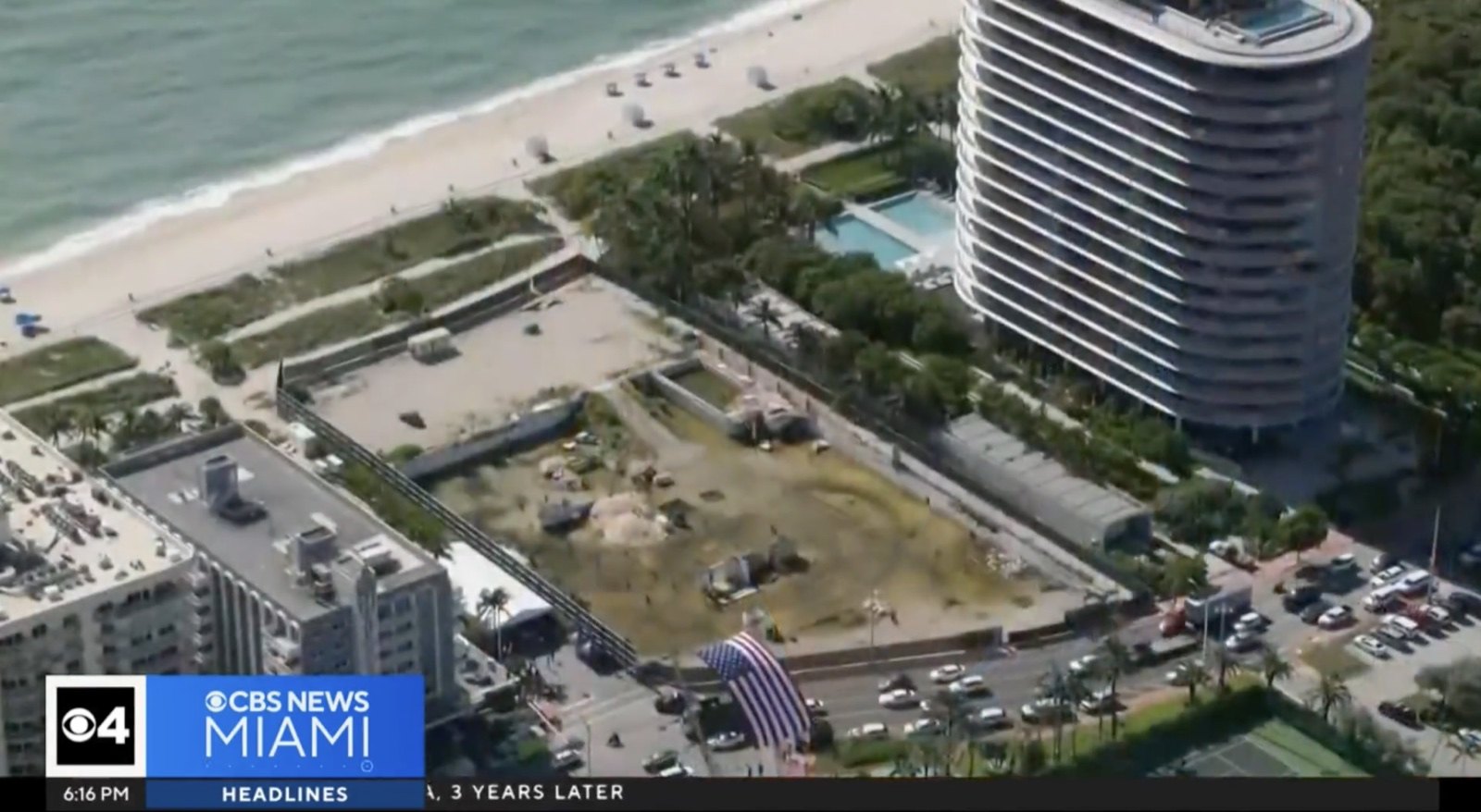 Aerial view of the Surfside site one year after the collapse