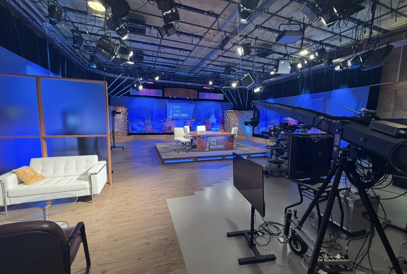 The Off the Record studio at WKAR with the set, cameras and lighting grid