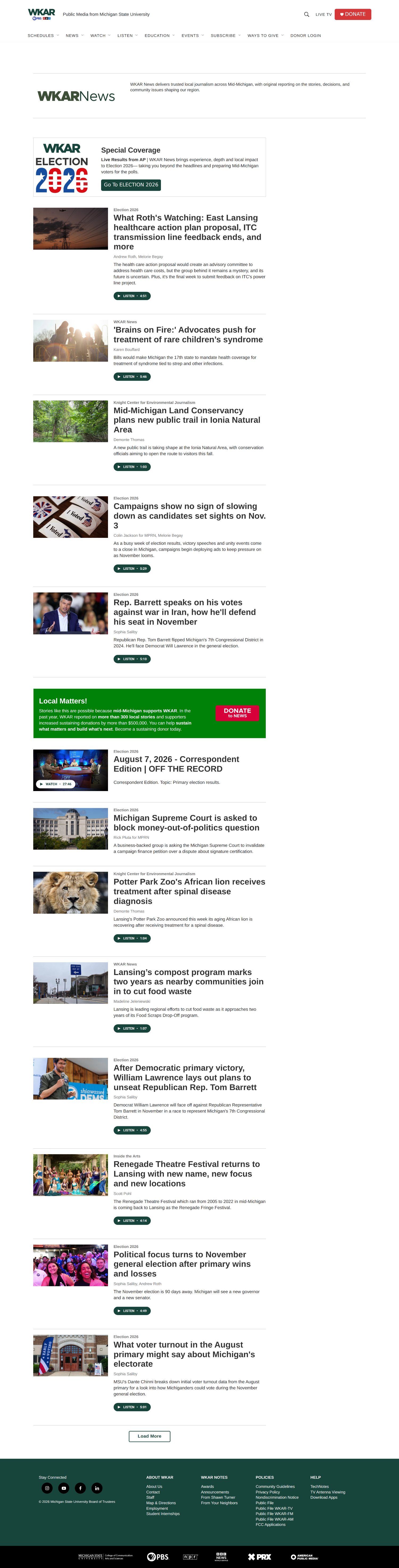 The top of the WKAR News section on wkar.org, showing the digital front door