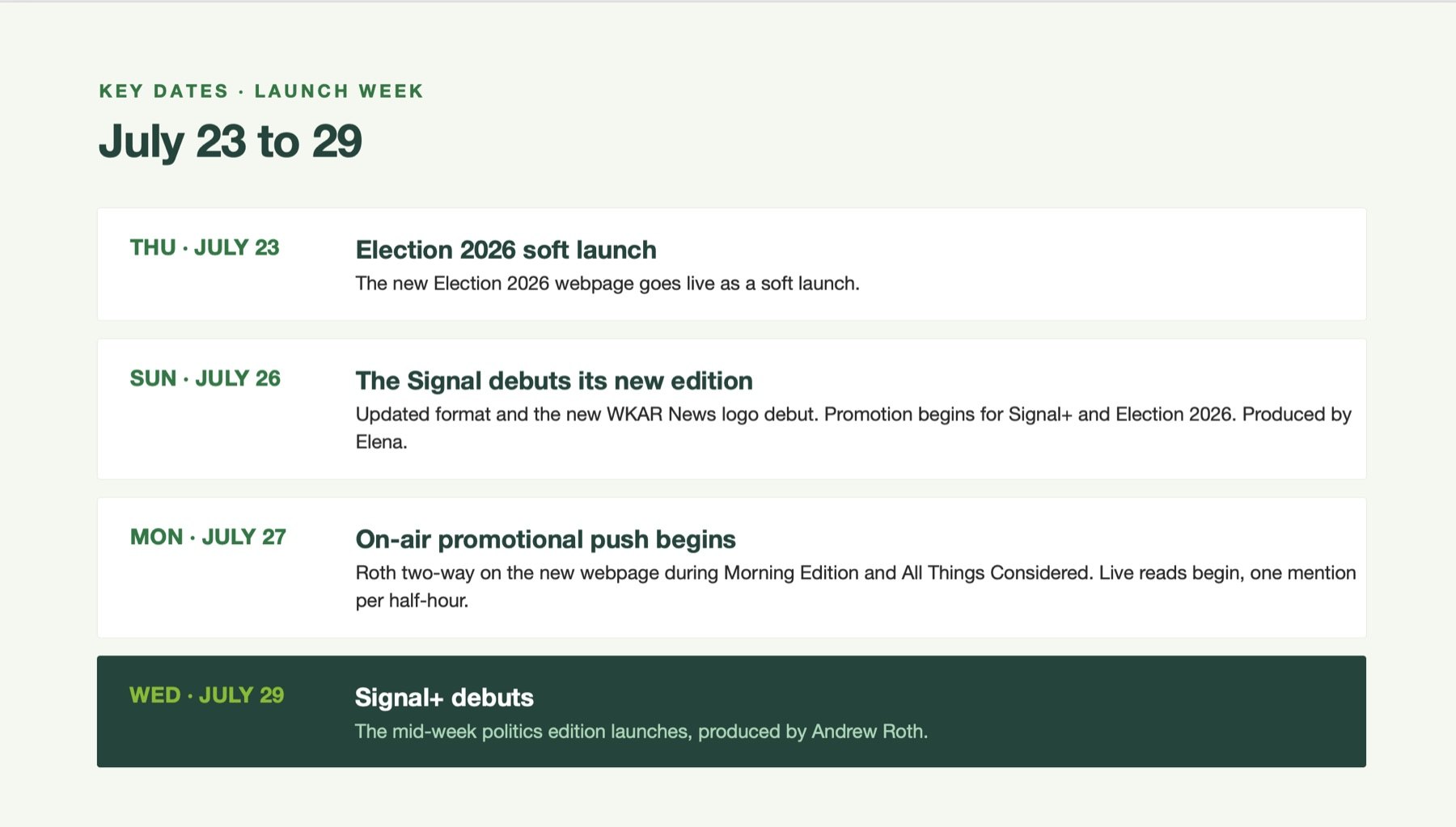 Planning slide mapping the launch week for Election 2026, WKAR News, The Signal and The Signal Plus
