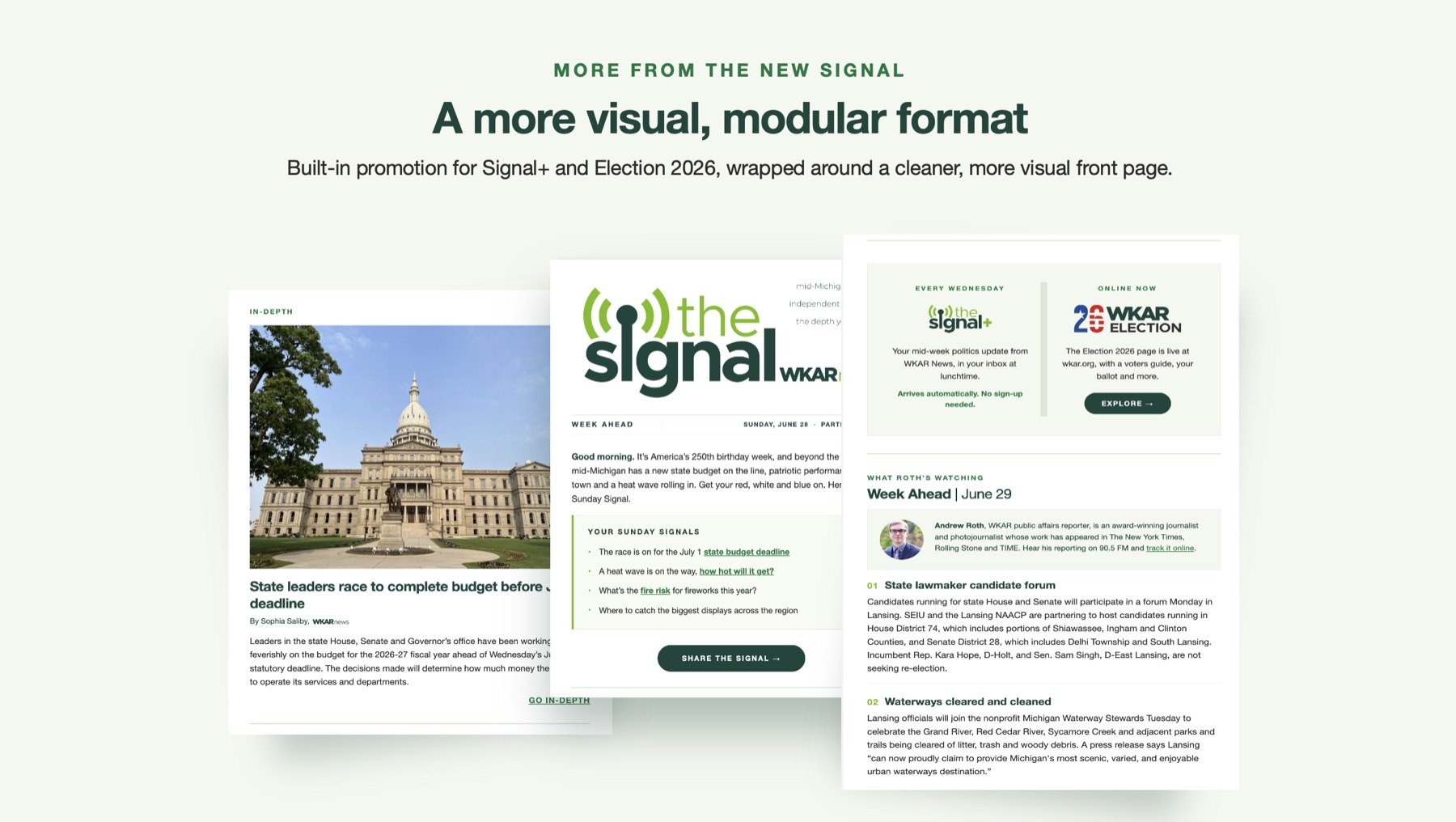 Planning slide showing the more visual and modular Signal newsletter format