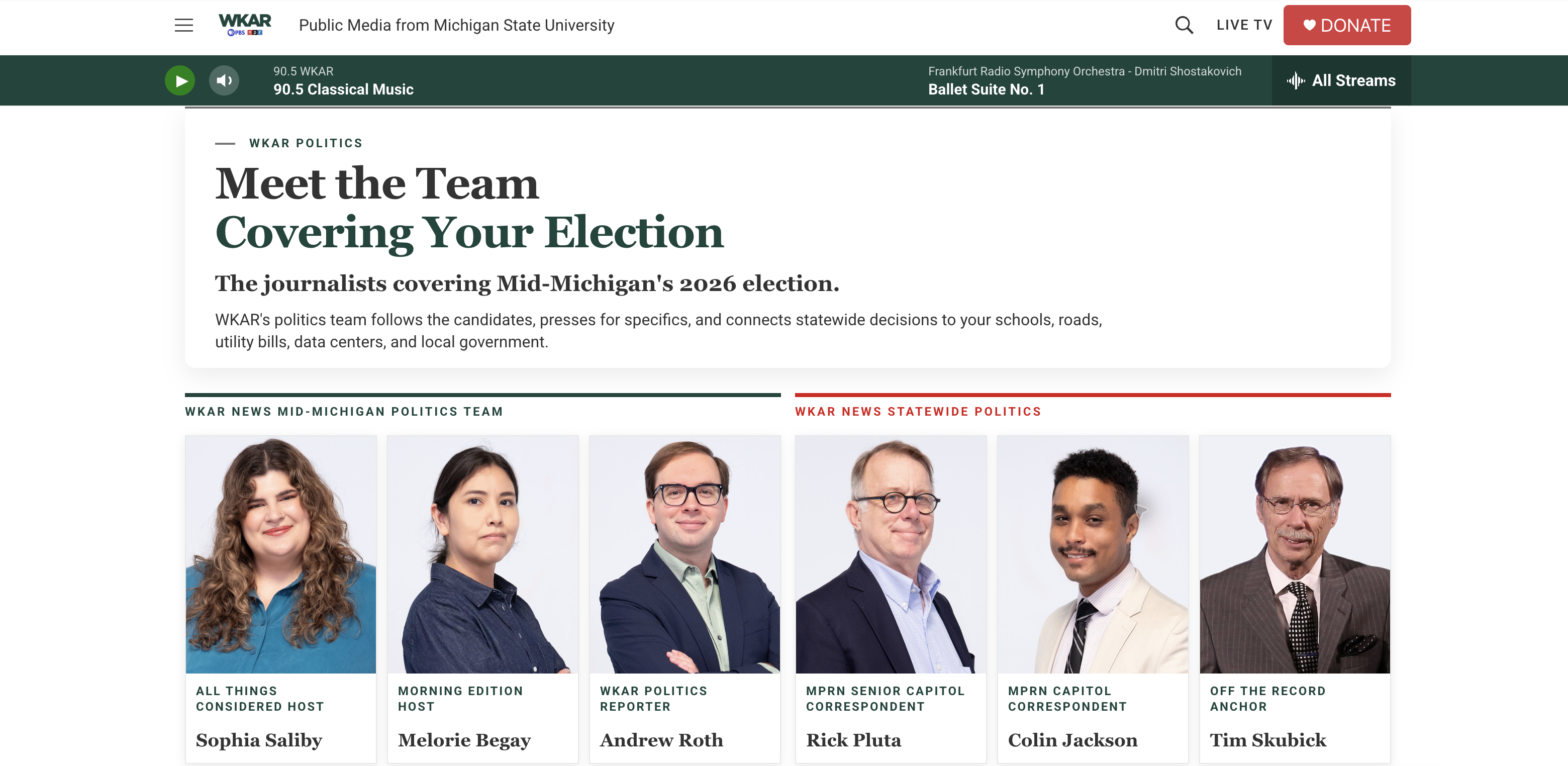 The WKAR Election 2026 Meet the Team page with six named journalists